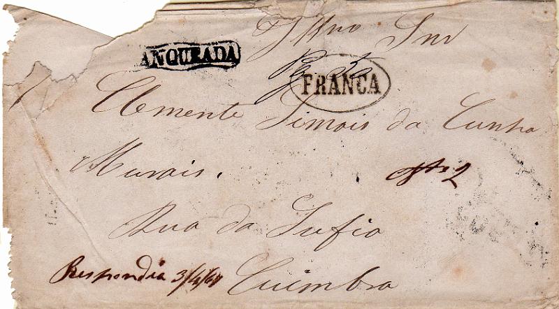 0351 f.jpg -     Lote:    351 (frente)                   Descrição:         Correio Central de Loanda / Franqueada &mdash; A preto, em sobrescrito circulado de Luanda para Coimbra (24.03.1867) com trânsito por Lisboa (23.07.67) com porte pago. Carimbo "FRANCA" batido a sépia. Sobrescrito com defeitos, mas marca muito rara.        Carta       Valor Base:     &euro; 500,00     Valor Venda:     &euro;      